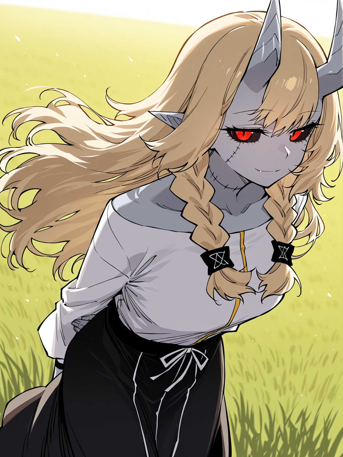 <lora:Player__Manhwa__Ran:1>
1girl, solo, light gray skin, sharp teeth, fangs, black sclera, red eyes, slit pupils, blonde hair, long hair, wavy hair, bangs, twin braids, demon horns, gray horns, oni horns, stitched body, visible stitches, scarred body, pointed ears, demon girl, 
white top, long sleeves, loose sleeves, black skirt, long skirt, black pants, waistband, waist ornament, open sleeves, black wristband, white clothes, black and white outfit, barefoot, 
score_9, score_8_up, score_7_up, very aesthetic, source_anime, detailed, high quality, beautiful, masterpiece, detailed eyes, field, blurry background, pose dynamic angle, upper body, cowboy shot, light smile, floating hair, half-closed eyes, hands behind back, leaning forward, looking forward, looking at viewer