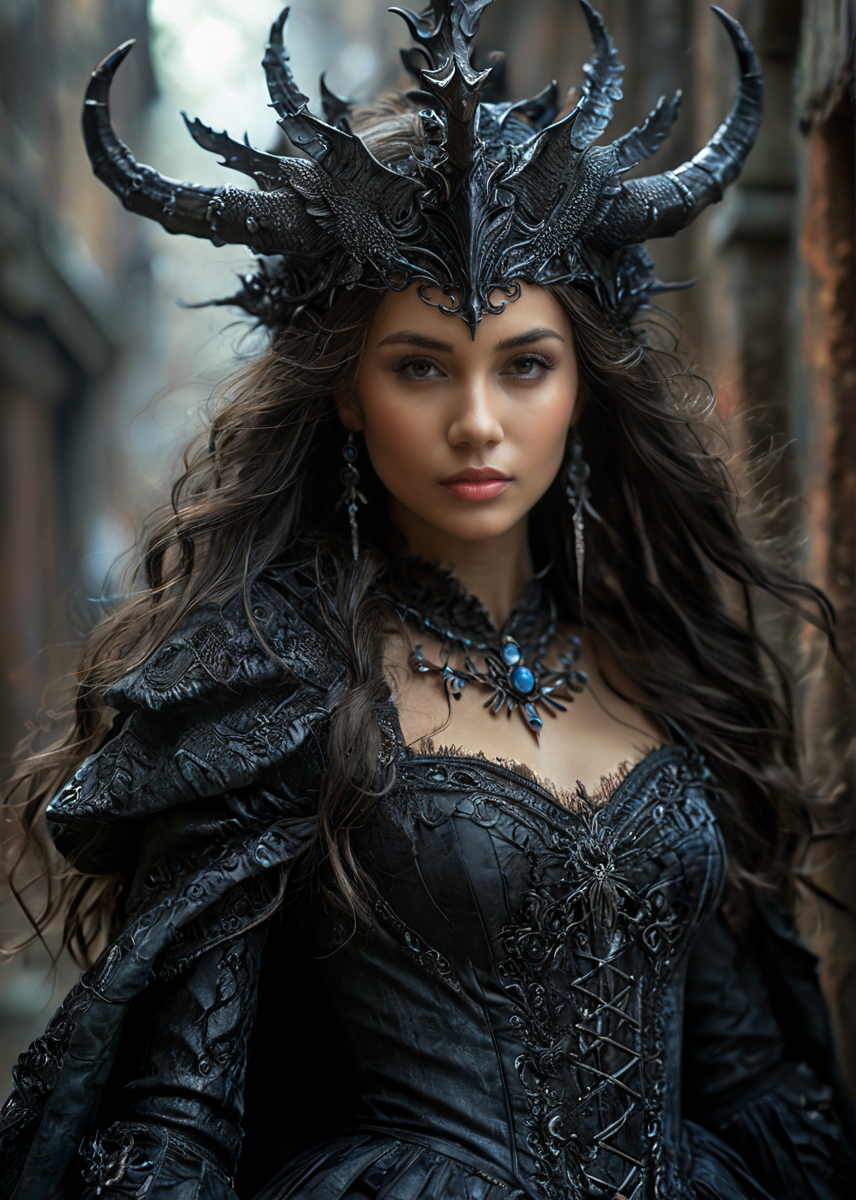 Photo, masterpiece, best quality, dramatic angle, art by Brian Froud:1.5, a dark figure with dark hair shrouded in mystery stands before us, her face obscured by a hat adorned with intricate detailing. She wears an elaborate black bodice and ornate coat, her delicate fingers poised to weave magic. A staff adorned with power orbits her right hand, while her left hand seems poised to command the air. The digital painting medium draws the viewer into this world of mysticism, where reality itself appears to unravel in a greyish haze, with wispy tendrils of shadowy shapes dancing across its surface. <lora:MS_KMXD_SDXL_V1:1>  <lora:mjv6:0.6>, intricate details, cinematic, good lighting, vibrant colors, (high quality texture), (sharp), (artistic image), 8K, detailed, dynamic, depth of field, intricate, <lora:add-detail-xl:0.8>