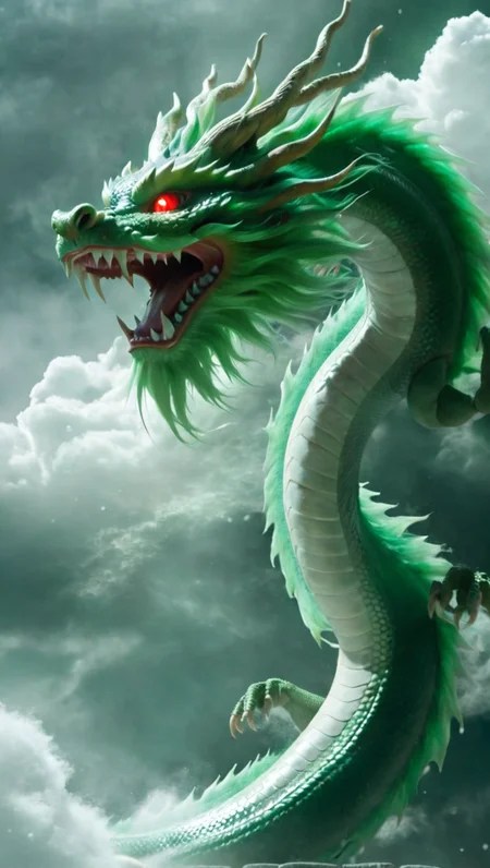 <lora:xl-shanbailing-1025-eastern dragon-000008:0.95>,bailing_eastern dragon,dragon suspended in the air there are clouds,outdoors,red eyes,long hair,snowing,the green dragon,
