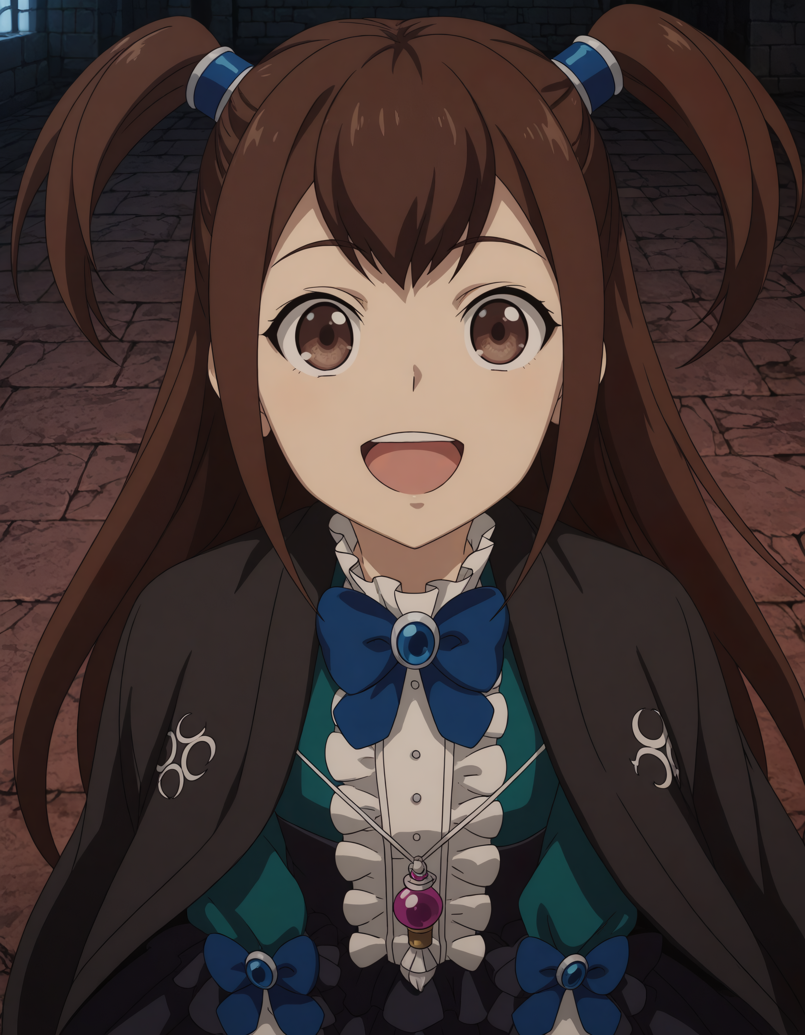 brown hair, brown eyes, kizhua, pigtails, 1girl, solo, long_hair, smile, open_mouth, brown_hair, dress, bow, jewelry, twintails, brown_eyes, upper_body, frills, bowtie, necklace, cape, two_side_up, blue_bow, black_cape, anime_coloring,
hdr, low contrast, masterpiece, best quality, absurdres, highres, perfect anatomy, anime style, anime screenshot, ultra high quality, extremely detailed cg, perfect lighting, (sharp image)