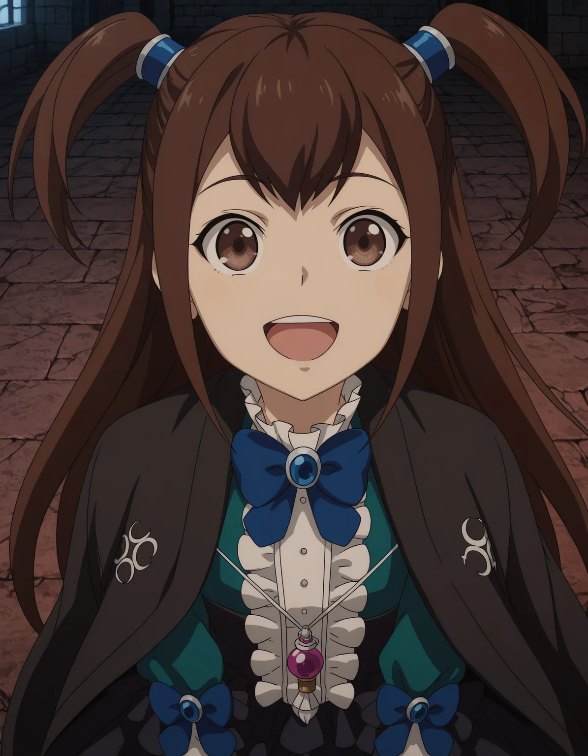 brown hair, brown eyes, kizhua, pigtails, 1girl, solo, long_hair, smile, open_mouth, brown_hair, dress, bow, jewelry, twintails, brown_eyes, upper_body, frills, bowtie, necklace, cape, two_side_up, blue_bow, black_cape, anime_coloring,
hdr, low contrast, masterpiece, best quality, absurdres, highres, perfect anatomy, anime style, anime screenshot, ultra high quality, extremely detailed cg, perfect lighting, (sharp image)