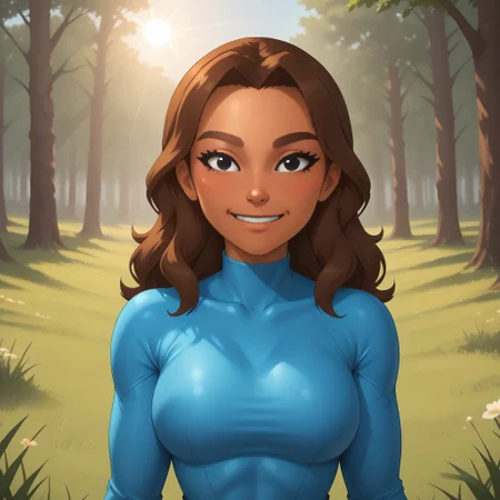 score_9, score_8, BREAK, solo, mii, wii, wii sports, 1girl, female mii, brown hair, black eyes, black eyeshadow, brown eyebrows, blush, dark skin, cyan clothing, white pants, shoes, nintendo mii, modern_mii, classic_mii, breasts, Na_rae_(Wii_Sports), cute, sexy pose, smile, outdoors, sunlight, shadows, evening lighting, natural lighting, forest, trees, grass, orange sky, sunset