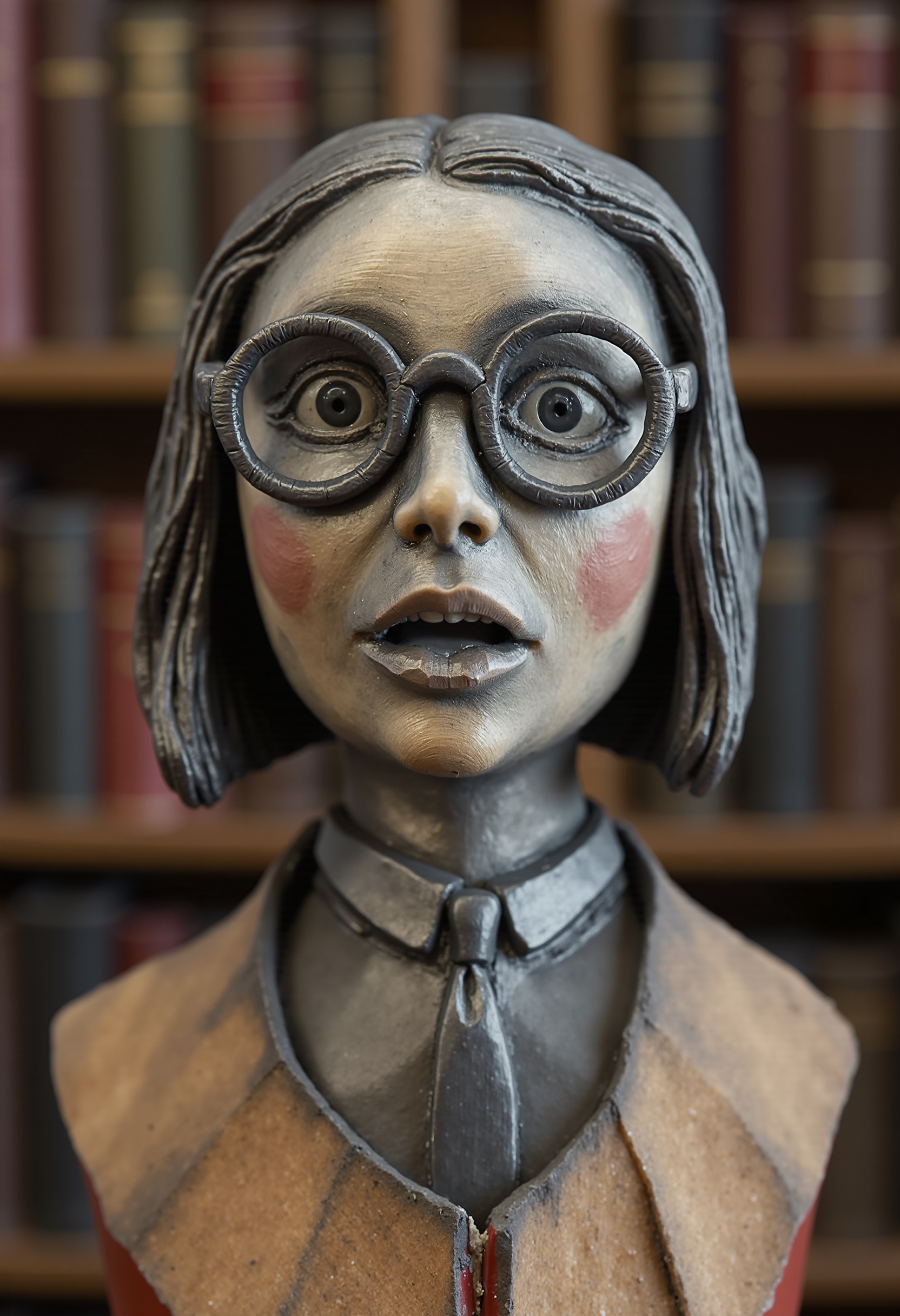 P3NC1L4RT sculpture, headshot of a surprised nerdy girl, she has shoulder-length hair, big round glasses and makes a weird face. The background is a library, with many books on the shelves. The setting and the woman's look suggest a historical or vintage theme, possibly Victorian or Edwardian.  