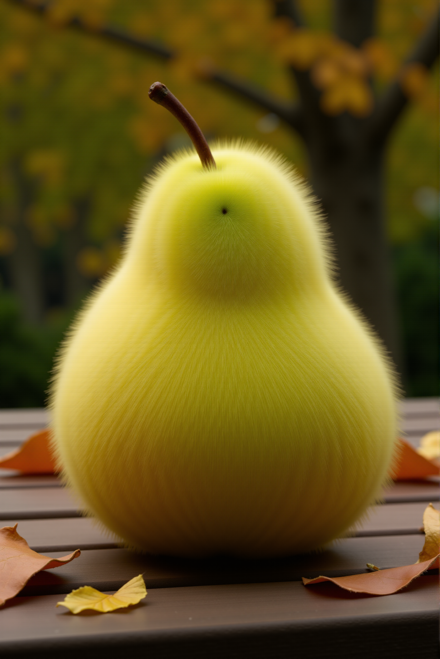 <lora:Fluffy_fur_2:0.9> FluffyFur. A perfectly ripe pear, its smooth, curving form covered in airy, long-haired, fluffy fur, the fine strands mirroring the natural gradient of its skin, transitioning from warm golden yellow to soft green, with subtle hints of russet near its gentle dimples. The fluffy fur is dense, following the elegant taper of the fruit, giving it a surreal yet inviting texture. Tiny, delicate hairs catch the light, creating a soft sheen that mimics the natural velvety glow of a pear's surface. The fruit rests on a rustic wooden table, surrounded by scattered leaves, with a gentle autumn breeze hinted in the blurred background, adding a sense of warmth and organic harmony to this strange yet oddly natural creation.
