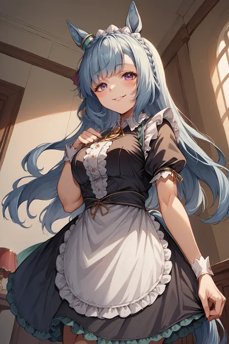 score_9, score_8_up, score_7_up, , rating_general ,1girl , ards, long hair, crown braid, horse ears, ear ornament, horse tail, maid, maid headdress, maid apron, dynamic angle , source_anime    ,  cowboy shot, indoors, naughty face, smile, night, indoors, <lora:ArdanPDCAME UMA:1>