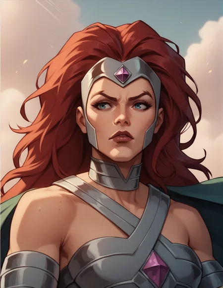 woman, armor, cape, red hair, outdoors, portrait <lora:Circe:0.8> circe, score_9, score_8_up, score_7_up, score_6_up