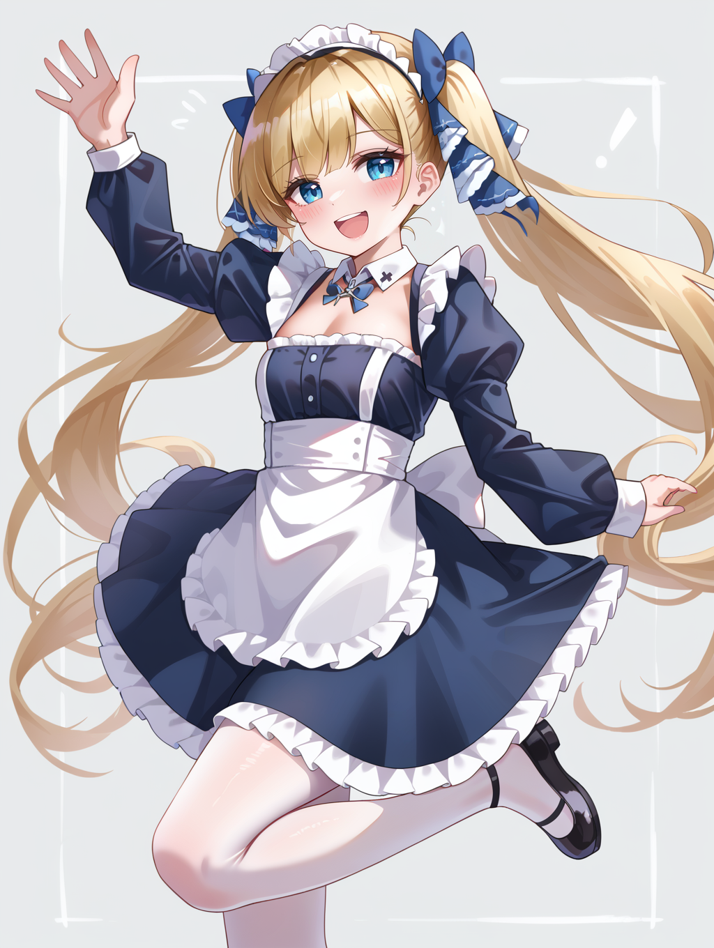 1girl, 
solo, grey background, puffy sleeves, maid headdress, apron, bow, long hair, looking at viewer, dress, :d, open mouth, standing on one leg, hair bow, white apron, standing, juliet sleeves, very long hair, smile, collared dre, twintails, long sleeves, maid apron, white pantyhose, blush, black bow, blue eyes, blonde hair, pantyhose, black footwear, frilled dress, frills, black dress, shoes, blue bow, maid,
she is wearing a white apron with a ruffled collar and a black skirt. her hair is styled in two high ponytails with bows on top. she has a big smile on her face and her arms are stretched out to the sides, as if she is dancing or waving. the background is light blue with small white dots scattered throughout. there are also some japanese characters written around the girl's head.
score_9, score_8_up, score_7_up, source_anime
 <lora:style021:0.9>