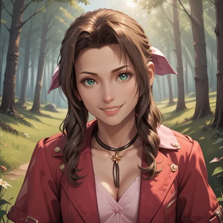 score_9, score_8, BREAK, solo, Aerith Gainsborough, brown hair, braided ponytail, pink hair bow, choker, necklace, red cropped jacket, short sleeves, pink dress, long dress, brown boots,, sexy pose, self portrait, smile, outdoors, sunlight, shadows, evening lighting, natural lighting, forest, trees, grass, orange sky, sunset