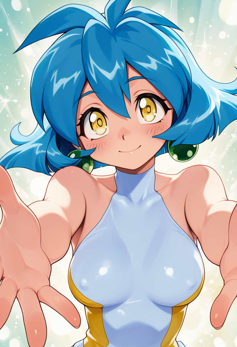 drum \(lamune\),  1girl, solo,  short hair, medium breast, jewelry, blue hair,  yellow eyes, earrings, leotard, halterneck, upper body, foreshortening, stretched arms, reaching to viewer, blush, smile, head tilt,  , highres,  masterpiece, best quality, amazing quality, very awa, very aesthetic, , <lora:Illust\edit\drum_lamune_resize.safetensors:0.9000000000000001:0.9000000000000001> <lora:Illust\style\HerrscherAGGA2025_Little_Monsters-IL_V2.safetensors:0.6000000000000001:0.6000000000000001>