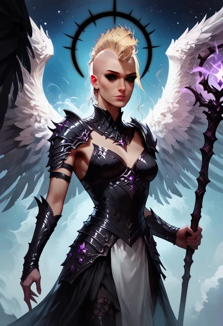 (score_9, score_8_up, score_7_up, score_6_up), (highres image, ultrares, absurdres, ultra detailed), (masterpiece:1.8), face focus, detailed faces, BREAK,
civitametapunksdxl_fem,
1girl, dynamic character design, female focus, perfect face, perfect eyes, attractive, ((beautiful)), ((druid)), ((Portrait)), Goth, ((aasimar_fallen, white wings, golden halo)), (((Waist-Length Hair))) (((mohawk))), ((Shiny blonde Hair)), (Pale), (Slender, Svelte), Full Lips, Perky Breasts, Tiny Waist
BREAK
((white-Leather-Dress)), ((Interwoven Purple-Flowers and Ivy)), ((Wooden Staff with Purple Amethyst)), ((Thigh-High Boots))
BREAK
Cosmic Power, Stars, Galaxies, Nebula, Ethereal, Cinematic, Atmospheric, Detailed Background, Dramatic Lights, Concept Art, Expressiveh, ((aasimar_fallen, black wings, black halo)), concept art, realistic, 4kFacePonyXL