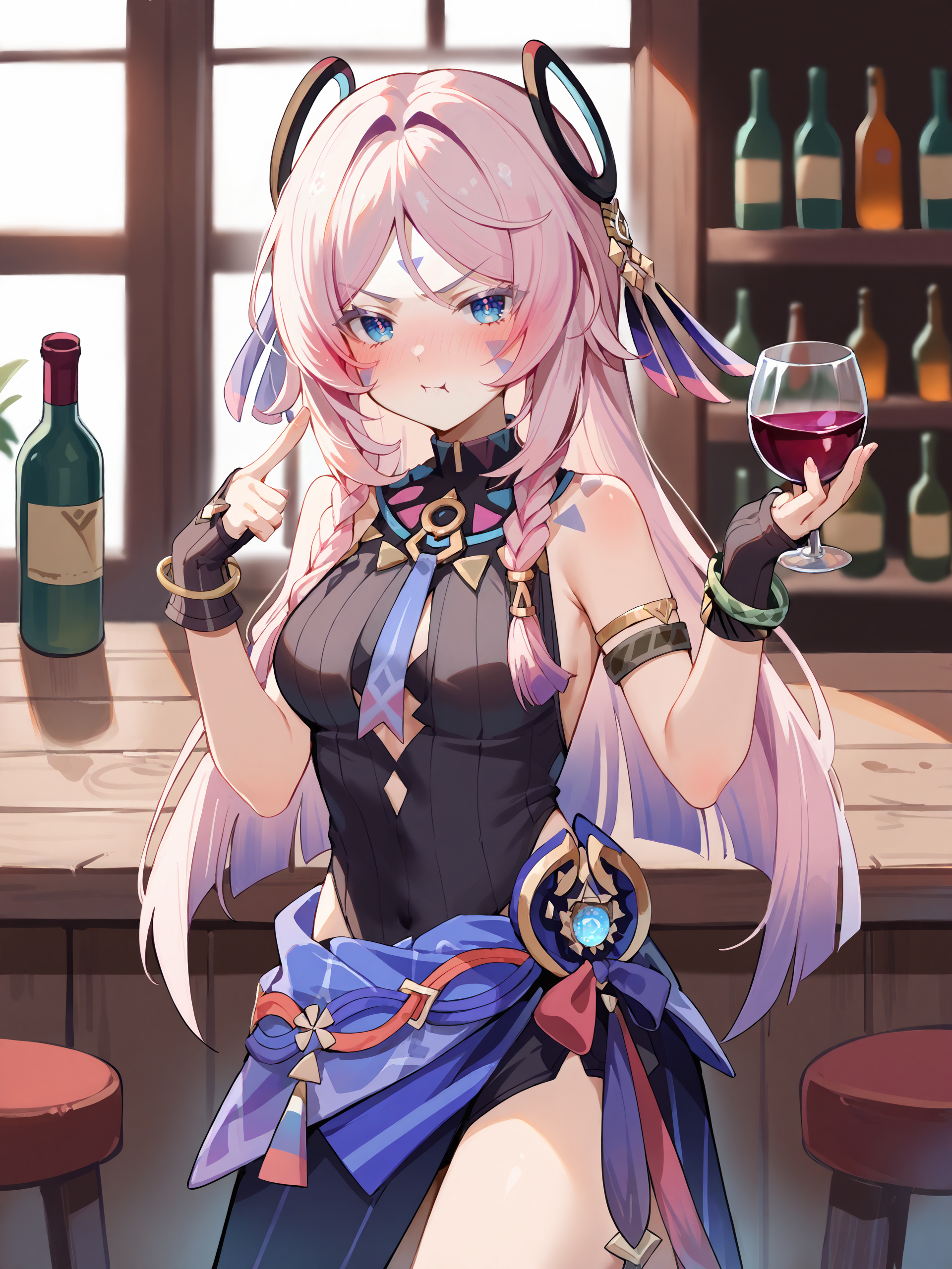1girl, citlali \(genshin impact\), fingerless gloves, armlet, sarong, facial mark, bracelet, ring hair ornament, turtleneck leotard, leg tatoo, single gauntle, cowboy shot, standing, jitome, pout, drunk, looking at viewer,  index finger raised, bar \(place\), wine glass, indoors, depth of field  <lora:Char-Genshin-Citlali-V1-Pony:0.9>, score_9, score_8_up, score_7_up, source_anime