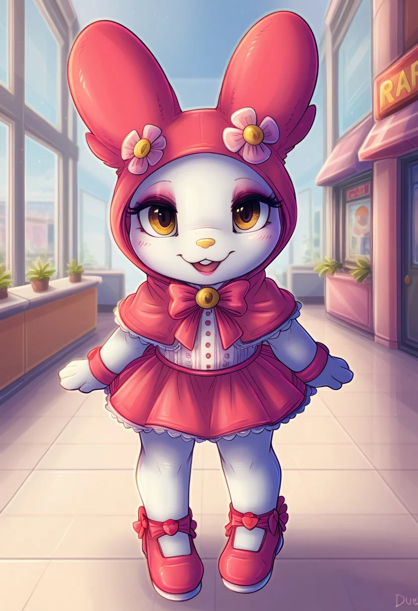 score_9, score_8_up, score_7_up, score_6_up, score_5_up, (ultra realistic, 32k, masterpiece:1.2), (high quality:1.1), Mymelo, antro, female, solo, smile, animal ears, open mouth, full body, day, rabbit ears, no humans, happy, pink flower, animal hood, animal focus, hooded capelet, furry, pokemon (creature), white body, pink ears, mall, bedroom eyes, pink makeup, pink mary jane shoes,, pink gothic dress with lace, pink lipstick, cute smile, looking at viewer, by dimwitdog