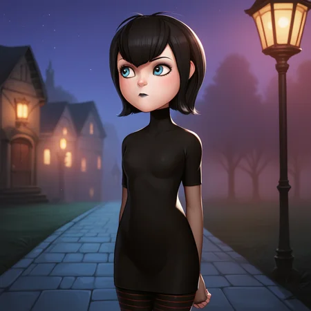 score_8_up, BREAK, MAVISDRACULA, 1girl, solo, black hair, short hair, blue eyes, lipstick, black dress, striped pantyhose, pantyhose, arms at sides, <lora:MavisDracula_PXL_Leaf1:1>, closed mouth, outdoors, night, cowboy shot,