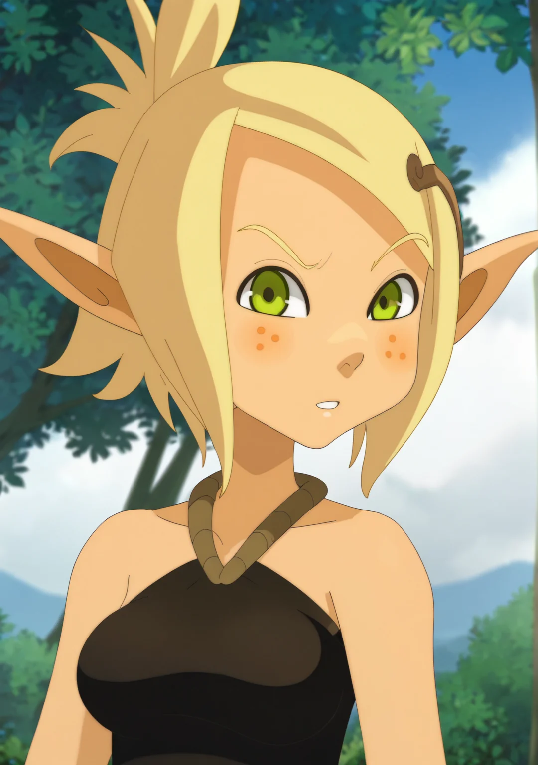 score_8_up, score_7_up, anime screenshot, looking at viewer, clouds, upper body,
<lora:Evangelyne (Autism SDXL)-000009:0.8> 1girl, evangelyne s1, short hair, ponytail, blonde hair, hair ornament, pointy ears, light freckles, green eyes, black dress, brown gloves,
BREAK
official wallpaper, atmospheric perspective, looking at viewer, tree,