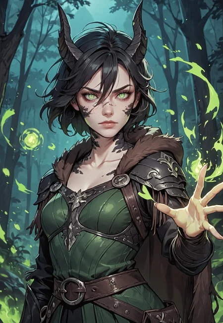 safe_pos, ((zPDXL3)), score_9, score_8_up, score_7_up, score_6_up, score_5_up, score_4_up,
1girl, solo, Adult Woman, Slender Build, pale skin, short hair, wild hair, hair between eyes, looking at viewer, pale green eyes, slit pupils, black pupils, plain expression, medium breast, black hair, (extremely detailed face and eyes), closed mouth, collarbone, outdoors, tree, night, nature, leather armor, forest, in tree, hood, fur cloak, horns, neck scales, sholder scales, casting spell, green energy, green ball, glowing green fire, black scales, black dragon, dragon girl,