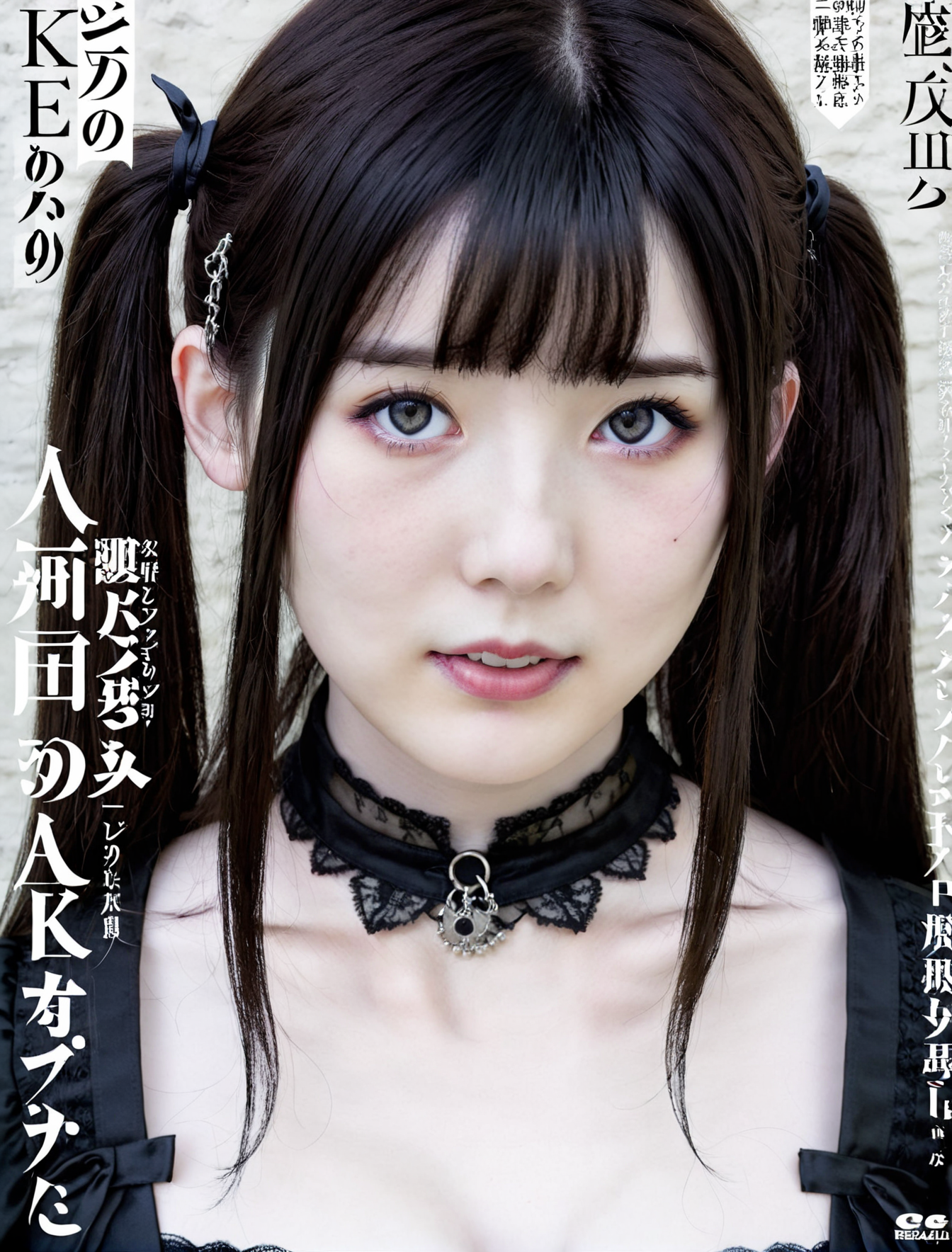 JAVmag, japanese magazine, busty woman,  (freckles:0.8), 1girl, realistic, detailed, realism, <lora:JAV_magazine_SDXL:0.8>, dark hair, gothic, pale goth,