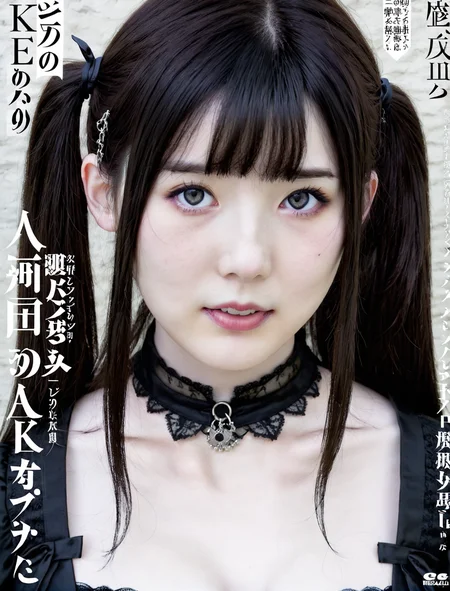 JAVmag, japanese magazine, busty woman, (freckles:0.8), 1girl, realistic, detailed, realism, <lora:JAV_magazine_SDXL:0.8>, dark hair, gothic, pale goth,