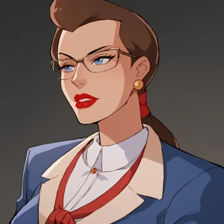 score_9, score_8_up, score_7_up, solo, 1girl, lipstick, ponytail, brown hair, blue eyes, formal, glasses, suit, white shirt, red ribbon, formal, earrings, breast, Janet Van Dorn (dc)