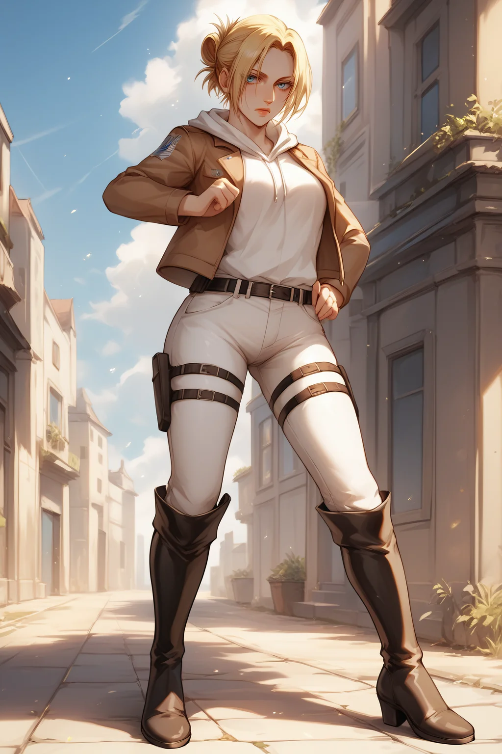 score_9, score_8_up, score_7_up, BREAK source_anime, <lora:annie leonhardt-PonyXL-lora-Faxtron:0.8> annie leonhardt, single hair bun, white hoodie, open cropped brown jacket, white pants, survey corps \(emblem\), knee boots,