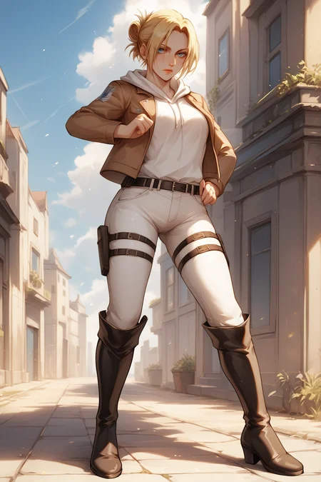 score_9, score_8_up, score_7_up, BREAK source_anime, <lora:annie leonhardt-PonyXL-lora-Faxtron:0.8> annie leonhardt, single hair bun, white hoodie, open cropped brown jacket, white pants, survey corps \(emblem\), knee boots,