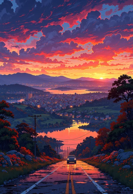 A car driving through a country road, on the other side of the river is a large city in the background, colorful, vibrant glow