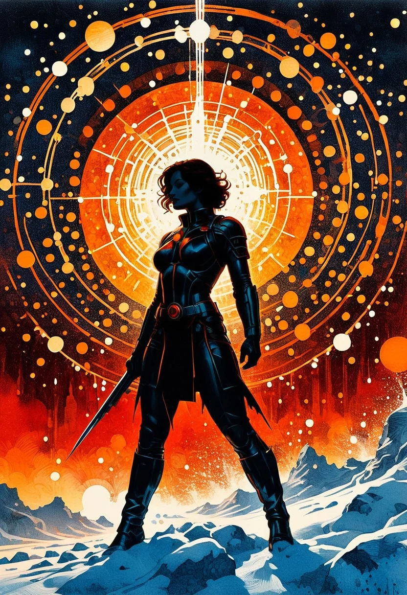 Silhouette Art, breathtaking detailed, masterpiece, lovely, charming, awe-inspiring, radiant, magnificent. (all dark hues and fine vibrant orange glowing smoldering accent and shiny gold color scheme:1.02). glossy.
<lora:InkArtXL_1.2:0.4> <lora:FaeTastic:0.35> . award-winning, professional, highly detailed . extremely high-resolution details, photographic, realism pushed to extreme, fine texture, incredibly lifelike, high contrast, well defined .
Silhouette, Pointillism multicolored pin point clumped needle thin dots grainy collage stencil texture style, Angled slanted 2 point perspective visual depth back shot pointillism gust white snow pointillism dot particles partially covering woman, cyan pointillism water dots dripping down smaller dot circles ceiling pointillism dot white icicles, orange glow emanating, wind gust snow dots pointillism white wind patterns, capturing motion, semi-realistic Minimalist vector illustration, futuristic, sharp angular designs, bold red background, intense expression, modern urban style, clean lines, high contrast between black, white, and red, sleek futuristic aesthetics. (in the style of Frank Frazetta painting) Dean Cornwell, design, 1970s, Russian Constructivist style, double exposure, volumetric lighting, expressive, ancient starchart, ink spattered background, warm colors, space, art deco, splatter, Japanese Woodblock print, planar rectilinear shapes, extreme energy, dynamic posing, Dutch angle, black, Crimson