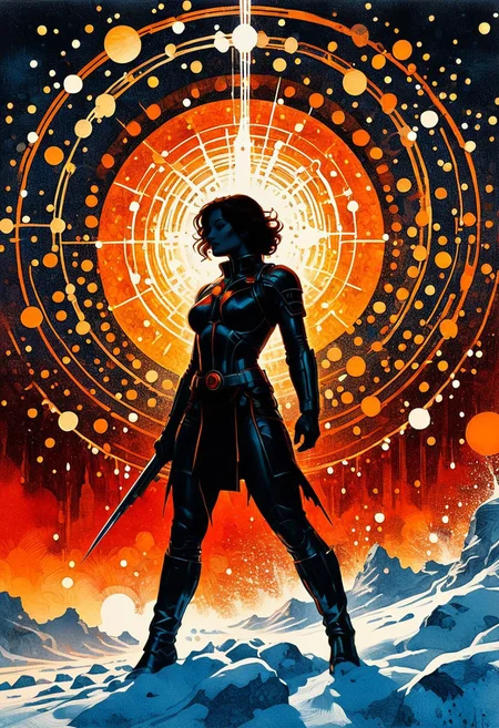 Silhouette Art, breathtaking detailed, masterpiece, lovely, charming, awe-inspiring, radiant, magnificent. (all dark hues and fine vibrant orange glowing smoldering accent and shiny gold color scheme:1.02). glossy.
<lora:InkArtXL_1.2:0.4> <lora:FaeTastic:0.35> . award-winning, professional, highly detailed . extremely high-resolution details, photographic, realism pushed to extreme, fine texture, incredibly lifelike, high contrast, well defined .
Silhouette, Pointillism multicolored pin point clumped needle thin dots grainy collage stencil texture style, Angled slanted 2 point perspective visual depth back shot pointillism gust white snow pointillism dot particles partially covering woman, cyan pointillism water dots dripping down smaller dot circles ceiling pointillism dot white icicles, orange glow emanating, wind gust snow dots pointillism white wind patterns, capturing motion, semi-realistic Minimalist vector illustration, futuristic, sharp angular designs, bold red background, intense expression, modern urban style, clean lines, high contrast between black, white, and red, sleek futuristic aesthetics. (in the style of Frank Frazetta painting) Dean Cornwell, design, 1970s, Russian Constructivist style, double exposure, volumetric lighting, expressive, ancient starchart, ink spattered background, warm colors, space, art deco, splatter, Japanese Woodblock print, planar rectilinear shapes, extreme energy, dynamic posing, Dutch angle, black, Crimson