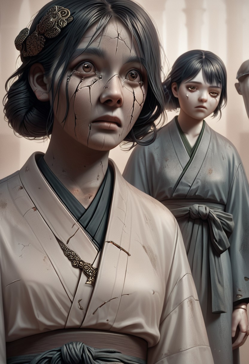 score_9, score_8_up, score_7_up, score_6_up, easynegative, masterpiece, the highest, perfecteyes, brown eyes, girl, kimono ,black hair, scythe, ,jewelry,geisha , fear, facial cracks,tears,porcelain body,doll,doll joints