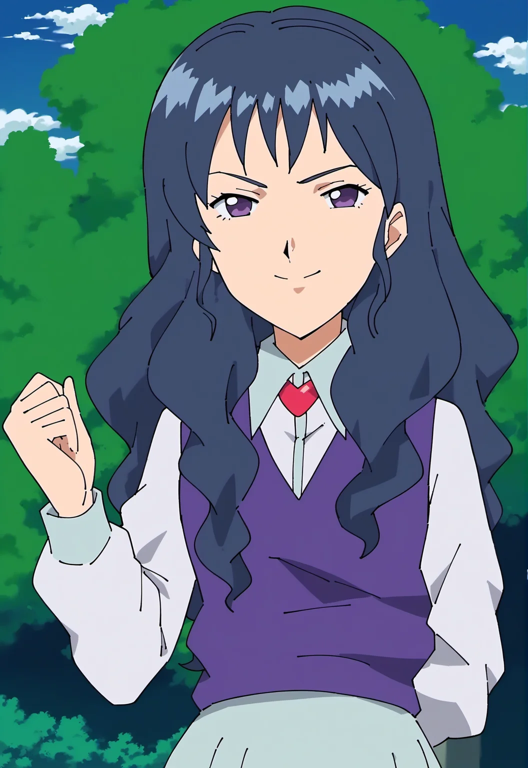 score_9, score_8_up, score_7_up, score_6_up,
BREAK
menori visconti, 1girl, purple eyes, blue hair, long hair, bangs, small breast, standing, portrait, looking at viewer, happy, light smile,
BREAK
purple sweater vest, white shirt, white collared shirt, red necktie, light blue skirt
BREAK
outdoors, forest, tree, day, bush, daylight, blue sky, cloud <lora:RG_Menori_Visconti-000004:1>