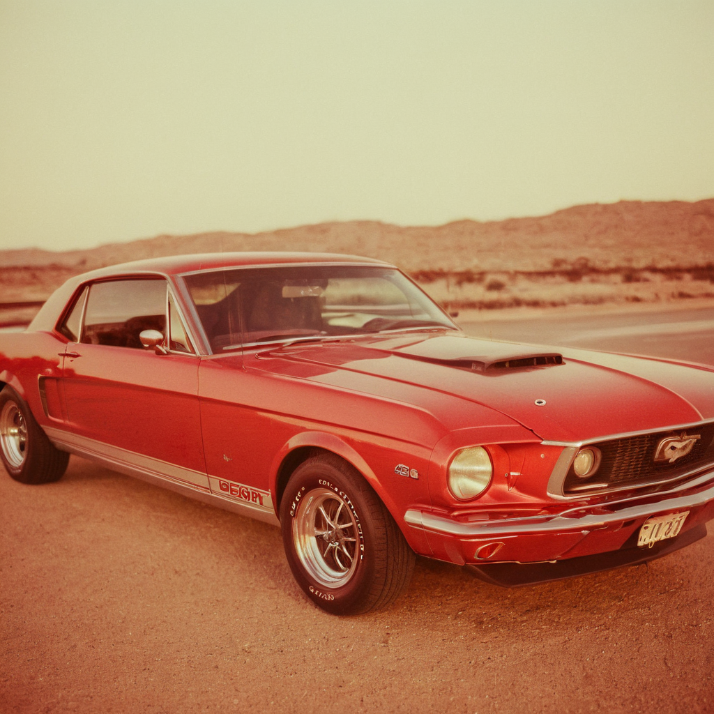 (a polaroid film photography:1.2) of a red Mustang GT car, grainy photo, faded film, soft focus