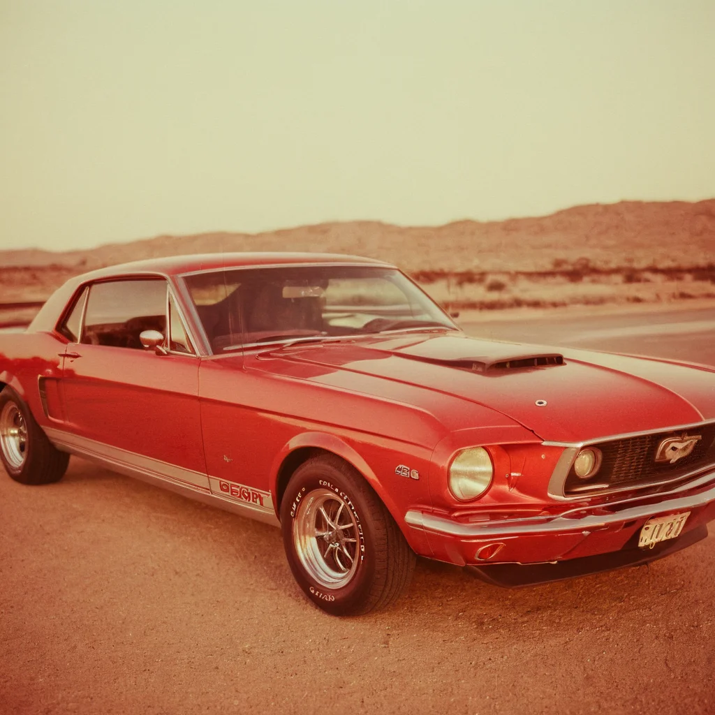 (a polaroid film photography:1.2) of a red Mustang GT car, grainy photo, faded film, soft focus