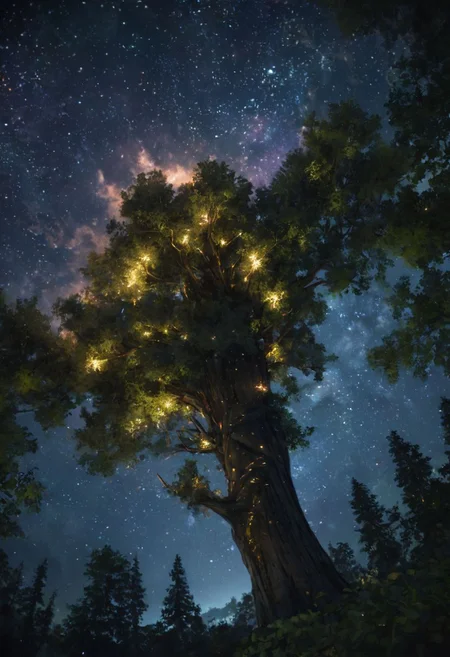 extremely detailed, araffes in the woods , under a starry sky, looking up view, trees and stars background, breathtaking stars, nighttime nature landscape, night sky photography, 8k, mikko lagerstedt, unreal engine 5, perfect composition, vibrant, rtx, hbao, sharp, realisticvision-negative-embedding