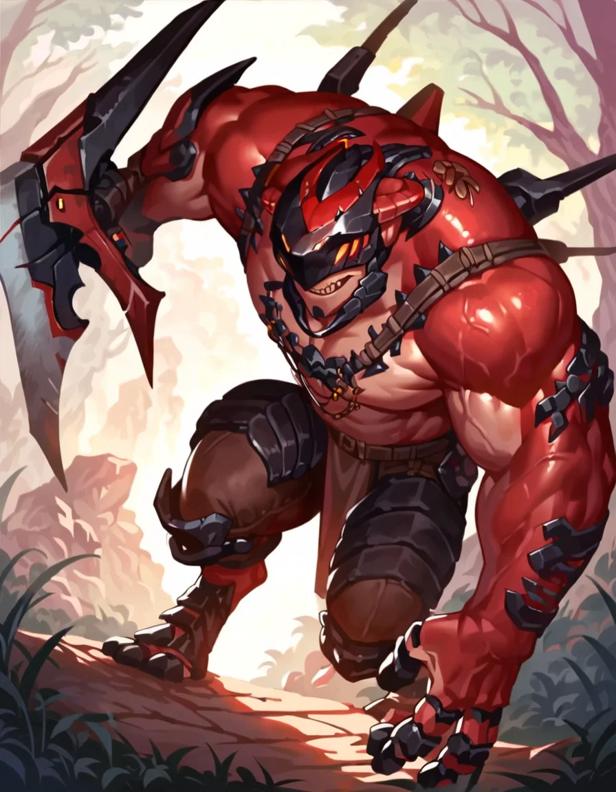 anime artwork score_9, score_8_up, score_7_up, best quality, high quality, highly detailed, cel shading, source_cartoon, <lora:Smooth Style LoRA XL:0.6> drakahlcru, sharp teeth, metallic helmet, orange eyes, muscular humanoid, dark red fleshy skin, holding weapon<lora:Drakahl_Crucible:0.8> detailed background