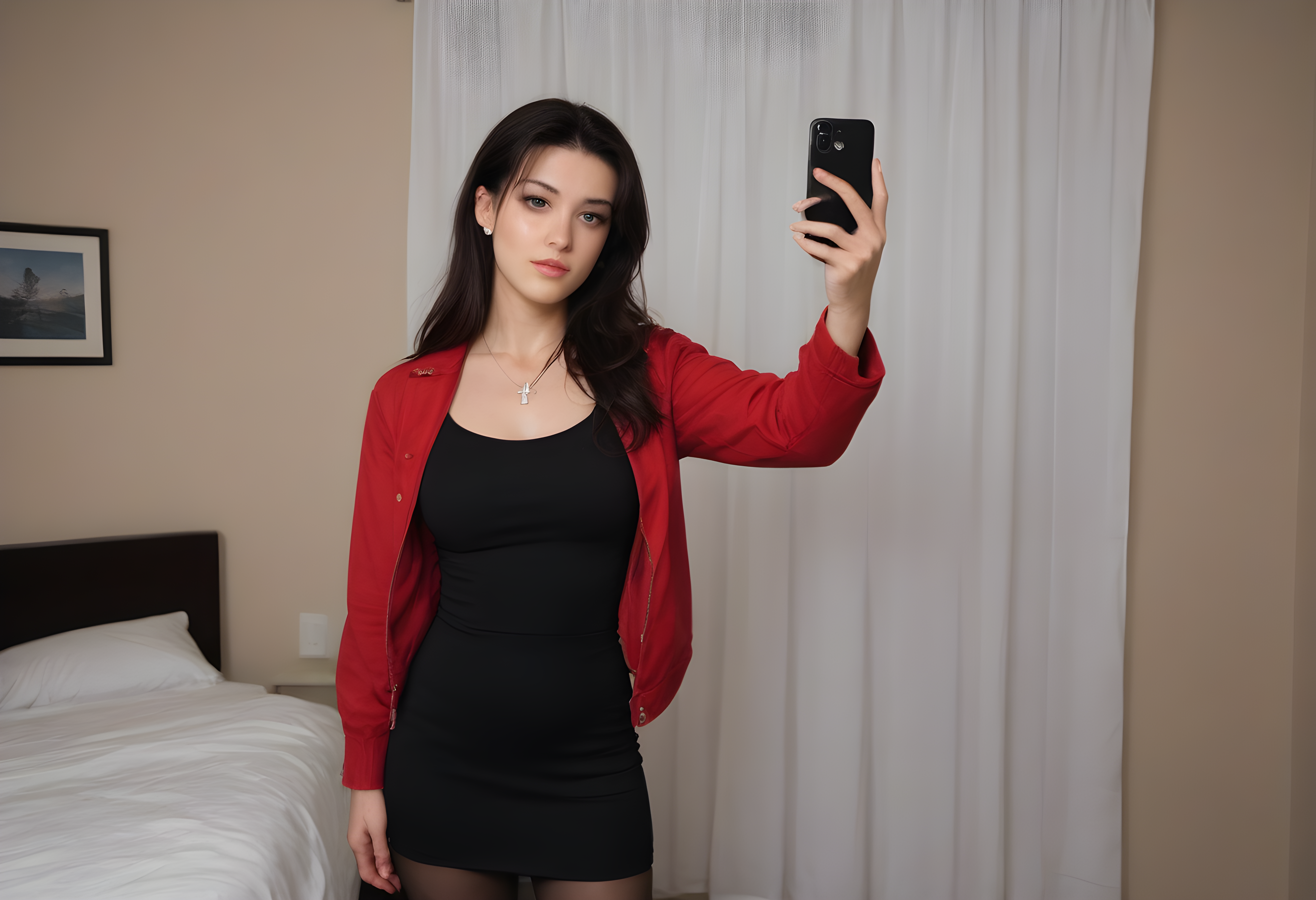 score_9, score_8_up, score_7_up, BREAK, The image shows a woman in a red jacket and black skirt taking a selfie in front of a white curtain. She is holding a mobile phone in her hand and there is a watermark on the image. realistic, katsuragi misato, 1girl, solo, long hair, breasts, black hair, dress, jewelry, jacket, purple hair, pantyhose, necklace, black dress, short dress, cross, red jacket, cropped jacket, cross necklace,  photo, real hair, detailed skin, highly detailed, detailed skin, film grain, <lora:zy_AmateurStyle_v2:0.45>