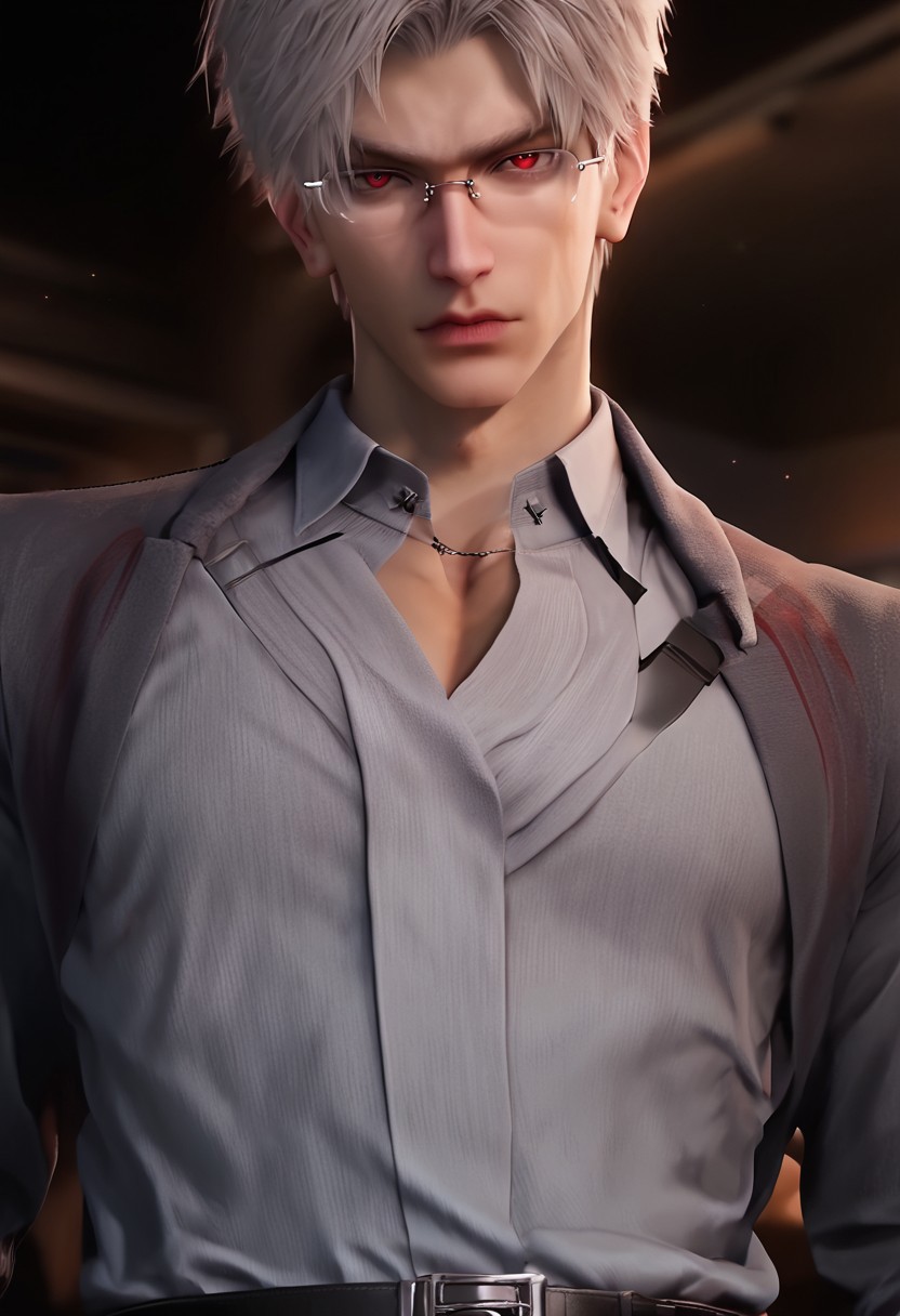 1boy, solo, male focus, toned male, Sylus_(Love_and_Deepspace), Sylus, Qinche, White hair, Red eyes, pale skin, detailed eyes, satisfaction, satisfied, neutral, 
glasses, casual grey tshirt, long sleeves, grey top, formal pants, belt,
sitting in a sofa, leg spread, view from bottom, intense shadow, intimidating, chest close to viewer, dark light, no light, shadow, 
looking at viewer, serious,
rating PG, score_9,score_8_up,score_7_up, source_anime, 
male focus, Muscular,
big thigh, big thigh, big chest, hung, manly, tall, detailed eyebrow, sharp eyebrows, focus on thigh, hairy thigh, thigh focus, random view