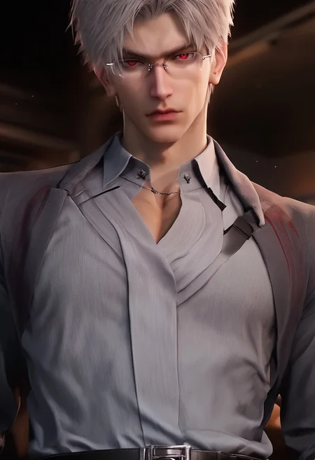 1boy, solo, male focus, toned male, Sylus_(Love_and_Deepspace), Sylus, Qinche, White hair, Red eyes, pale skin, detailed eyes, satisfaction, satisfied, neutral,
glasses, casual grey tshirt, long sleeves, grey top, formal pants, belt,
sitting in a sofa, leg spread, view from bottom, intense shadow, intimidating, chest close to viewer, dark light, no light, shadow,
looking at viewer, serious,
rating PG, score_9,score_8_up,score_7_up, source_anime,
male focus, Muscular,
big thigh, big thigh, big chest, hung, manly, tall, detailed eyebrow, sharp eyebrows, focus on thigh, hairy thigh, thigh focus, random view