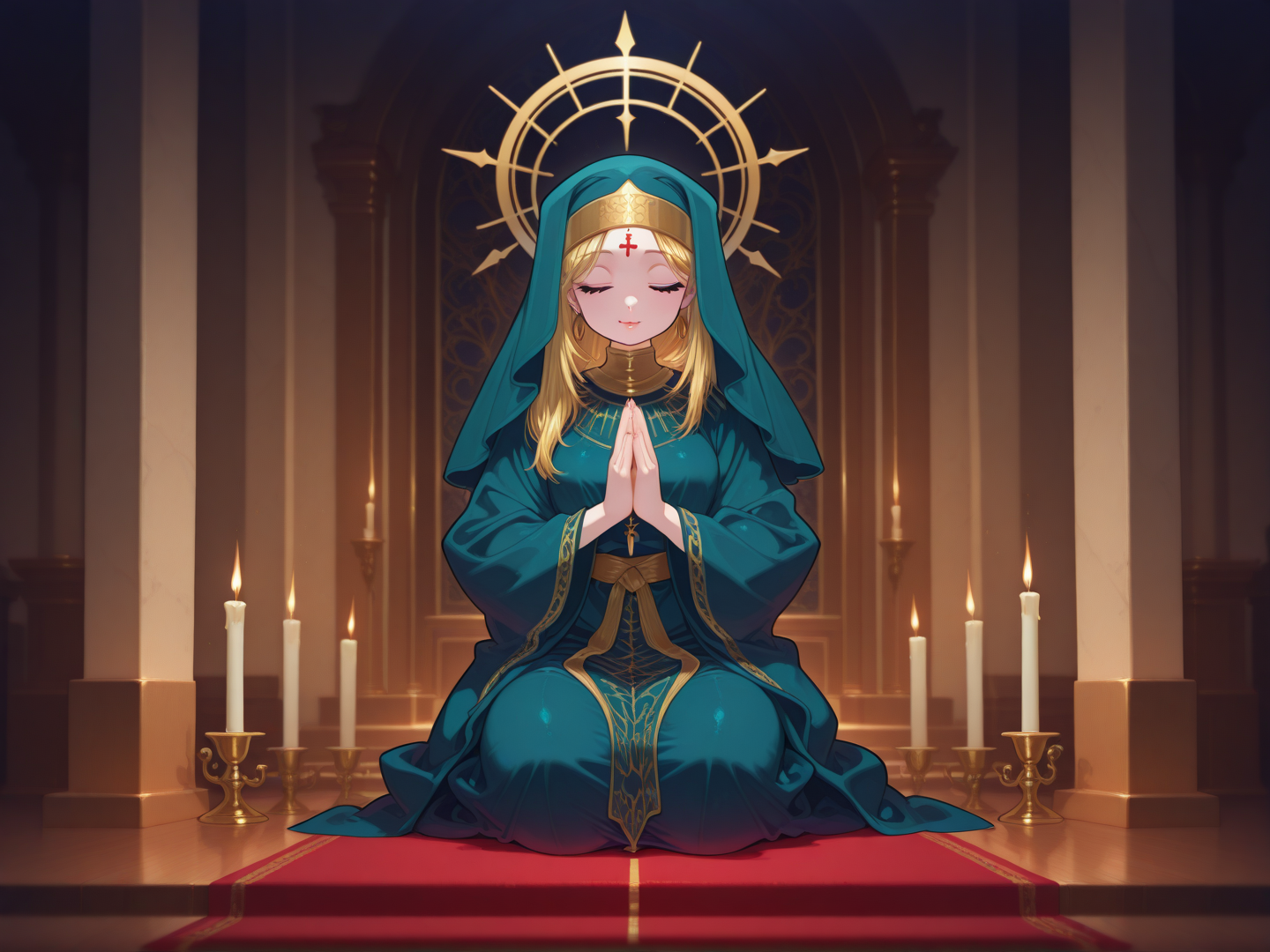 religious girl kneels at a candlelit altar, hands folded in prayer, lips murmuring scripture, unaware of the vial hidden in her drink
 <lora:DarkfireStyle20:1>