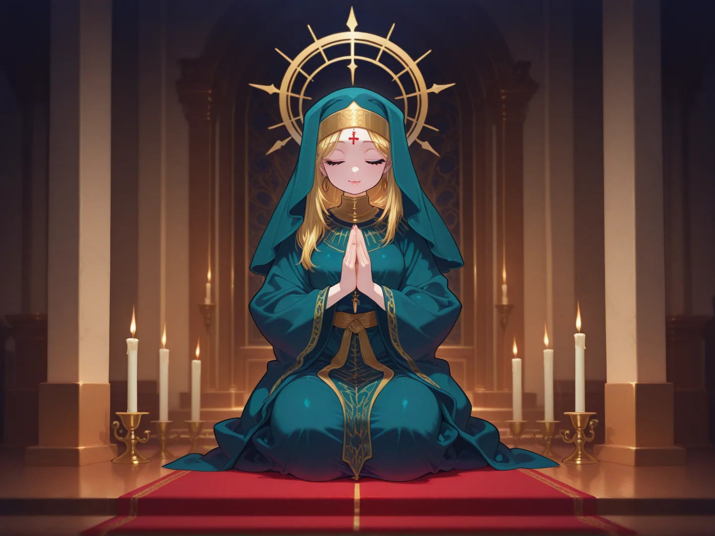 religious girl kneels at a candlelit altar, hands folded in prayer, lips murmuring scripture, unaware of the vial hidden in her drink
<lora:DarkfireStyle20:1>