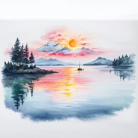 <lora:Expressive_Watercolor_Ink_washSDXL:1> ArsMJStyle, Expressive Watercolor Ink Wash, The image is a watercolor painting of a beautiful sunset over a lake. The sky is painted in a gradient of orange pink and yellow hues with the sun partially visible in the center. The sun is surrounded by clouds and the horizon is visible on the right side of the image. The lake is calm and still reflecting the colors of the sky. On the left side there are two tall pine trees on a small island in the middle of the lake with a few smaller trees scattered around. The water is a deep blue-green color and there are a few small islands on the shore. The overall mood of the painting is peaceful and serene., no humans, reflection, scenery, traditional media, sun, painting (medium), tree, cloud, sky, sunset