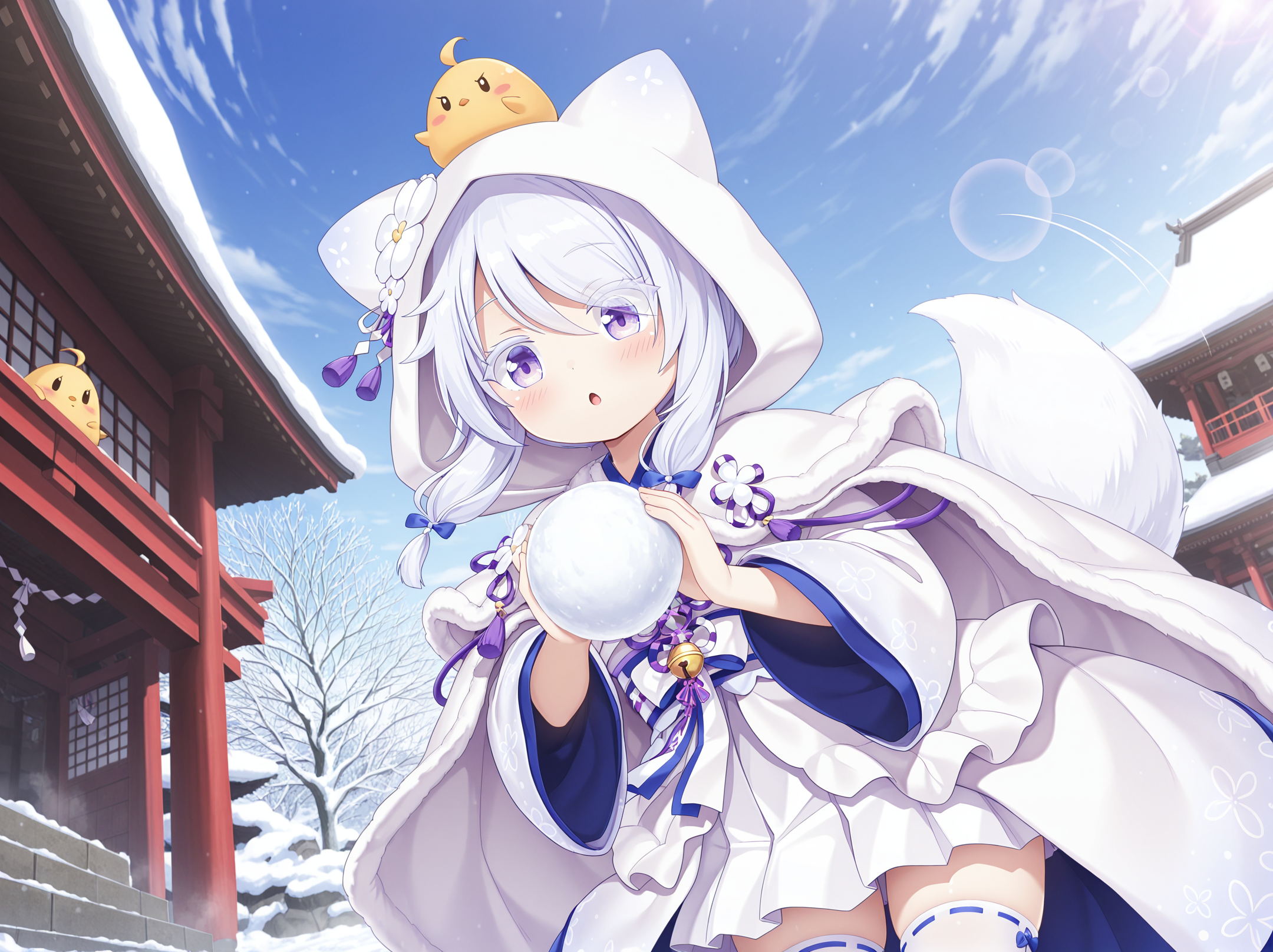 absurdres,highres,masterpiece,best quality,amazing quality,official anime artwork,outdoors,
anime screencap,(fisheye,lens flare abuse,Volumetric Lighting,reflection,Cinematic Lighting),
snow,temple,pagoda,steam,frosting,day,clear sky,
1girl,solo,dutch angle,close-up,
aged down,petite,oversized clothes,
leaning forward,blush,:o,
upper body,dynamic pose,motion lines,motion blur,
((manjuu \(azur lane\), manjuu on head)),
standing,holding snow ball,tail raised,tail wagging,
BREAK <lora:Uranami_AZ_illuV01_b3g2plw02c08_d16a8ppsf_lr800s2_rvs:1>,
Uranami_AZ,white fox ear hood,white hair,swept bangs,sidelocks,blue bow on sidelocks,purple eyes,white eyelashes,white flower ornament,japanese clothes,blue lapels,white fur trim cape,white flower,two-tone ribbon,purple tassel,neck bell,long gradient sleeves,wide sleeves,layered sleeves,white gradient overcoat,layered overcoat,floral print,blue-trimmed white sash,white pleated skirt,white frilled overskirt,white fox tail,white ribbon-trimmed thighhighs,