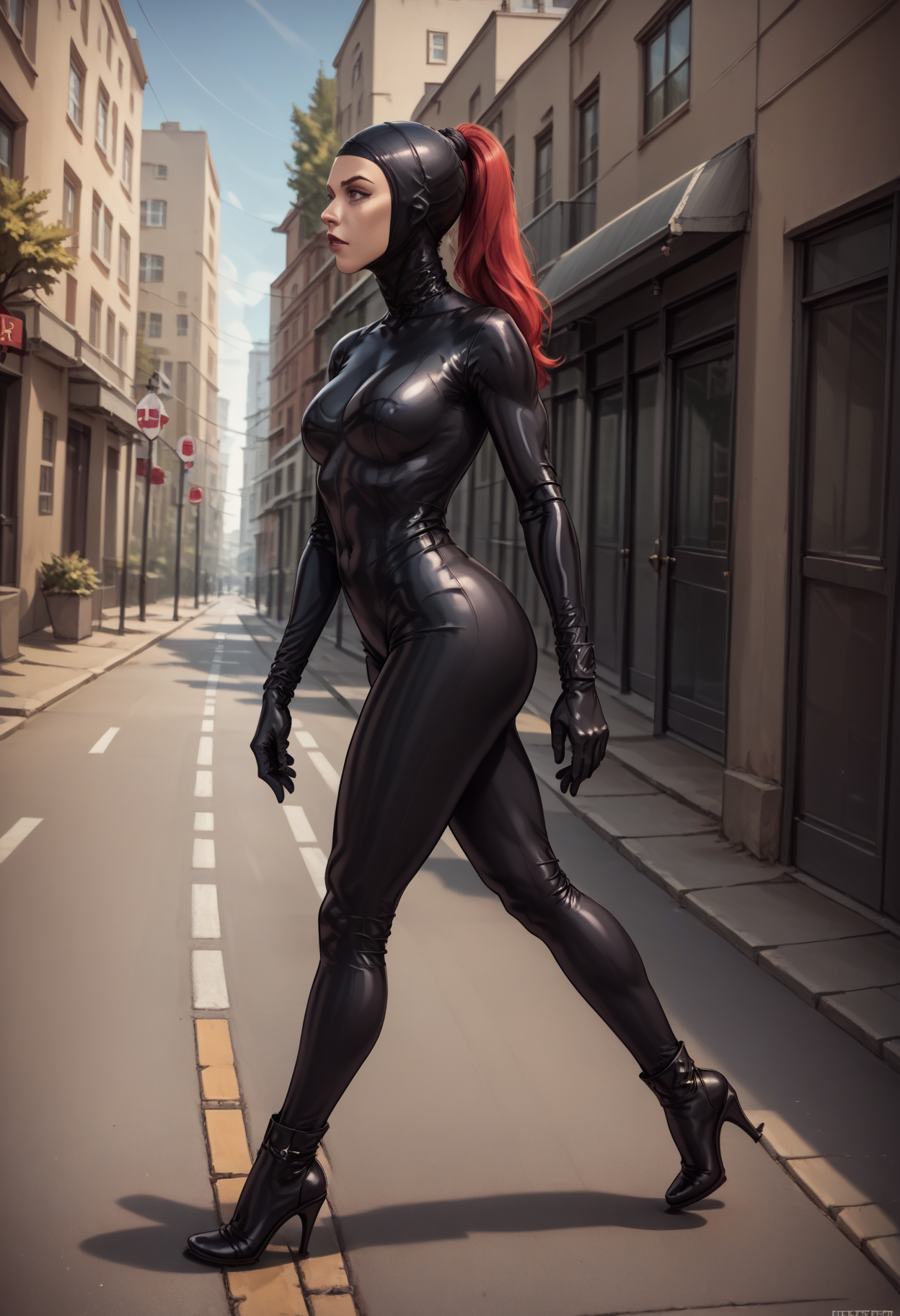 score_9, score_8_up, score_7_up, score_6_up, score_5_up, score_4_up,source_anime, anime, BREAK
  <lora:openFacedHoodPony:1.0>,  
1girl, solo, woman black catsuit and openFacedHood, , high heels, outside, crossing the street, (crosswalk), sidewalk,  running, , from the side, red ponytailHair,full body ,abbey road