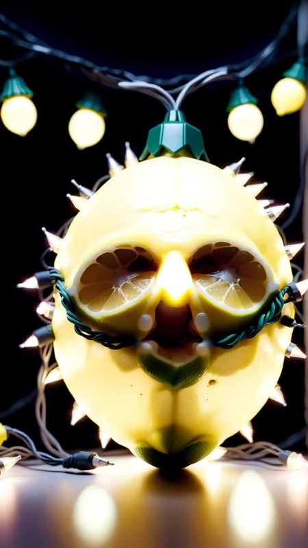 Daytime. An image of a ChristmasLightsStyle Lemon. Covered in  christmas lights, <lora:ChristmasLightsStyleSDXL:1>
