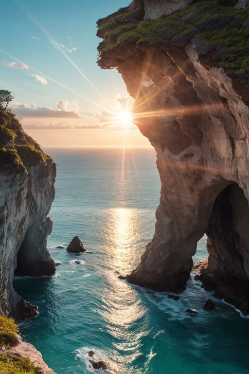 RAW photo, pristine shoreline, delicate vegetation, majestic nature, picturesque scenery, enchanting sun beams, beautiful sky, maximalist landscape, dynamic sunlight, desolate atmosphere, serene ocean, crystal blue water, ancient cliff, lens flare, photorealistic, masterpiece, 64k, UHD, ultra detailed, vivid colors, high quality, sharp focus