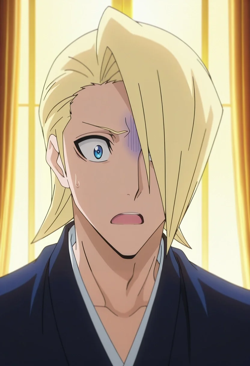 masterpiece, best quality, intricate details, anime screencap, anime coloring, official style, , 1boy, solo, male focus, <lora:izuru_kira_ilxl:0.98>, izuru_kira, blonde hair, blue eyes, short hair, hair over one eye, , desert bazaar, shaded stalls, colorful canopies, exotic wares, trading pose, excited expression, golden sunlight,