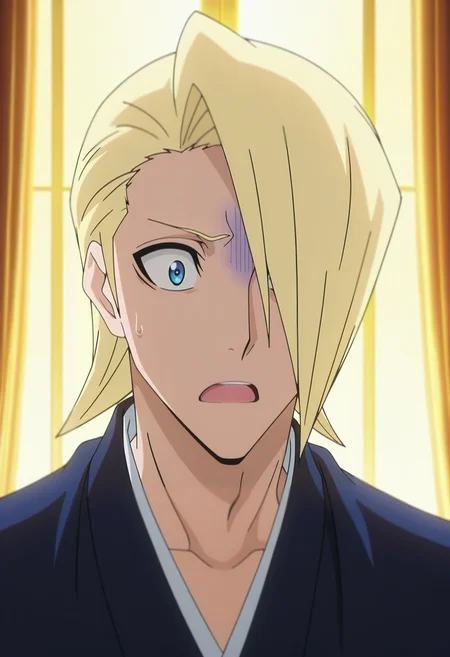 masterpiece, best quality, intricate details, anime screencap, anime coloring, official style, , 1boy, solo, male focus, <lora:izuru_kira_ilxl:0.98>, izuru_kira, blonde hair, blue eyes, short hair, hair over one eye, , desert bazaar, shaded stalls, colorful canopies, exotic wares, trading pose, excited expression, golden sunlight,