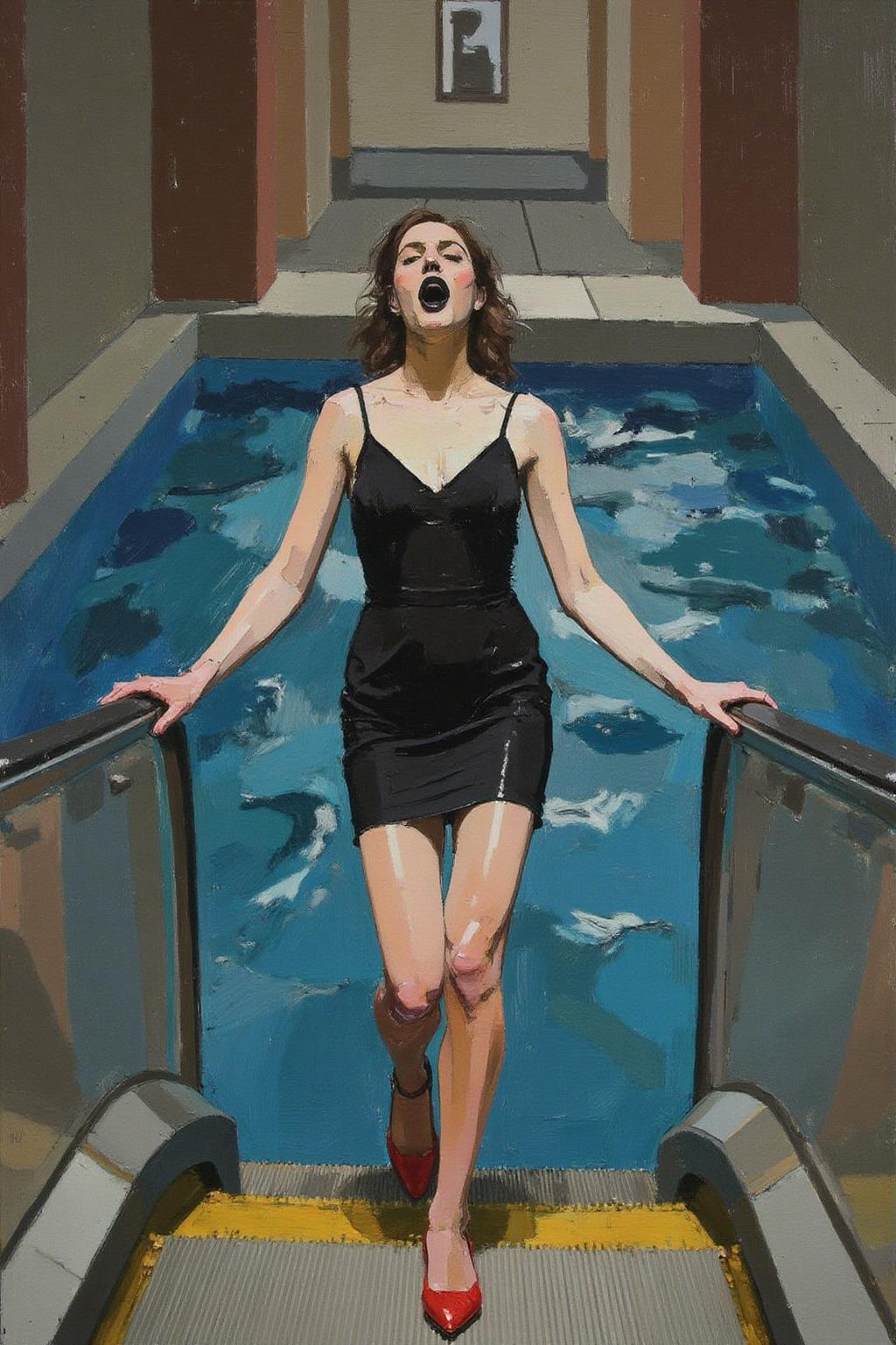 euanuglow1 painting.
A woman in a chic little black dress and red high heels, gracefully descending an escalator. She wears black lipstick and is screaming. The escalator leads downwards into a pool of rippling blue water.  <lora:euanuglow1_cap_d6aee11:1.0><lora:845542888927539584:0>