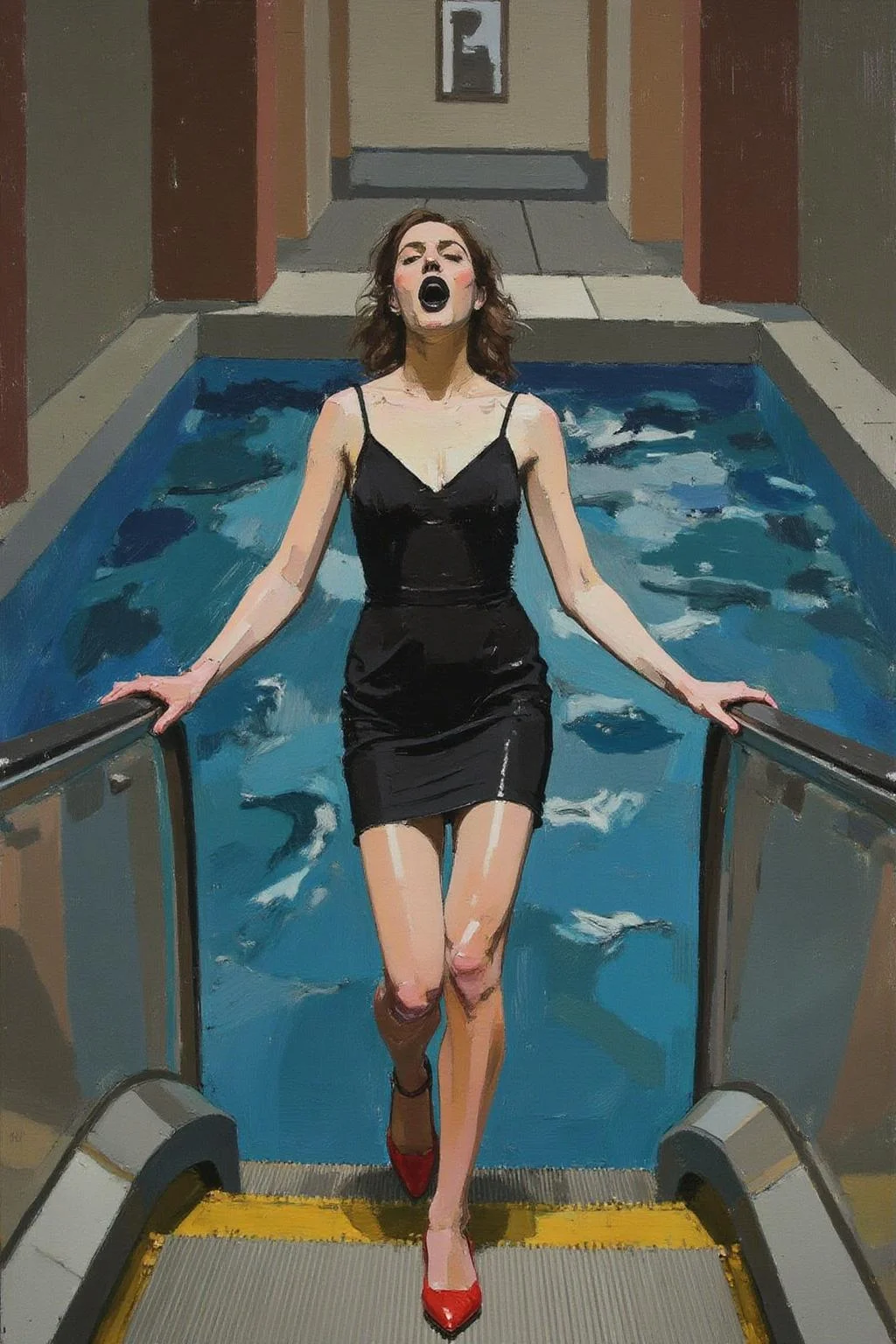 euanuglow1 painting.
A woman in a chic little black dress and red high heels, gracefully descending an escalator. She wears black lipstick and is screaming. The escalator leads downwards into a pool of rippling blue water. <lora:euanuglow1_cap_d6aee11:1.0><lora:845542888927539584:0>