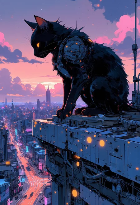 A sleek, ethereal cat sits gracefully atop the tallest building in a neon-lit cyberpunk city, its golden eyes glowing with otherworldly intensity. The cat’s fur ripples in the breeze as it gazes downward with an almost cosmic awareness. The building beneath it is a monolithic structure of gleaming chrome and glass, towering above a city alive with pulsating neon lights and endless energy. Neon signs flicker in vibrant pink, purple, and electric blue, casting dynamic reflections across the glass facade. The backdrop features a surreal, digital sky, filled with distant stars and abstract, glowing clouds that evoke a sense of infinite scale and mysterious depth.
The cat is adorned in sleek, cybernetic armor, with metallic accents that shimmer in the shifting lights. The city pulses with life, but the cat remains stoic, a sentinel of unknown origin and power. The dynamic lines of the building, with its sharp angles and glowing edges, contrast against the softer, glowing light of the cat’s fur, creating a harmonious blend of futuristic technology and cosmic surrealism. The artwork evokes a sense of cosmic unity, introspection, and heightened emotional presence, thanks to the subtle digital enhancements that emphasize the cat’s deep, enigmatic essence.