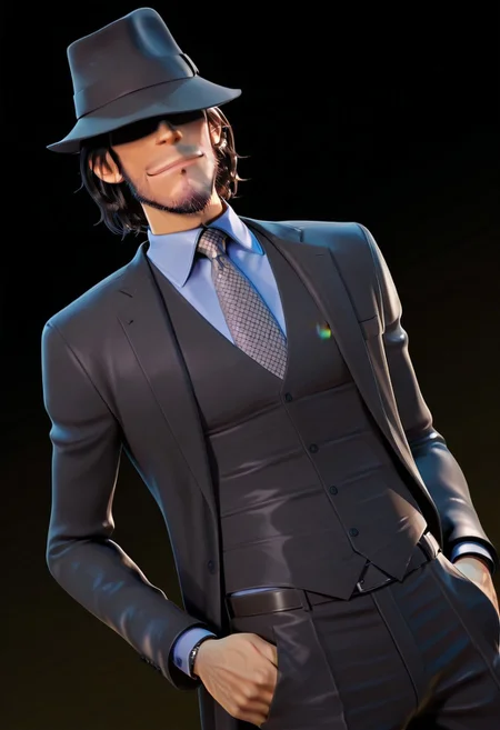 score_9, score_8_up, score_7_up, score_6_up, perfect anatomy, perfect proportions, best quality, masterpiece, high_resolution, high quality, best aesthetic, incredibly absurdres, highres, extremely detailed, huge filesize, solo male, adult, mature, masculine, manly, handsome, charming, alluring, standing, upper body, dutch angle, cowboy shot, perfect face, source_anime \(Lupin III: The First\), anime coloring \(Lupin III: The First\), LP3TFDaisuke, Daisuke Jigeni \(Lupin III: The First\), black hair, sideburns, facial hair, stubble, chinstrap beard, jawline beard, eyeless, hidden eyes, eyes in shadow, eyes hidden by shadows, LP3TFDaisuke_outfit01, black fedora, black three-piece suit, light blue collared shirt, necktie with a white dotted pattern, black vest, black blazer, black pants, black boots, low angle, from below, simple background, dark background