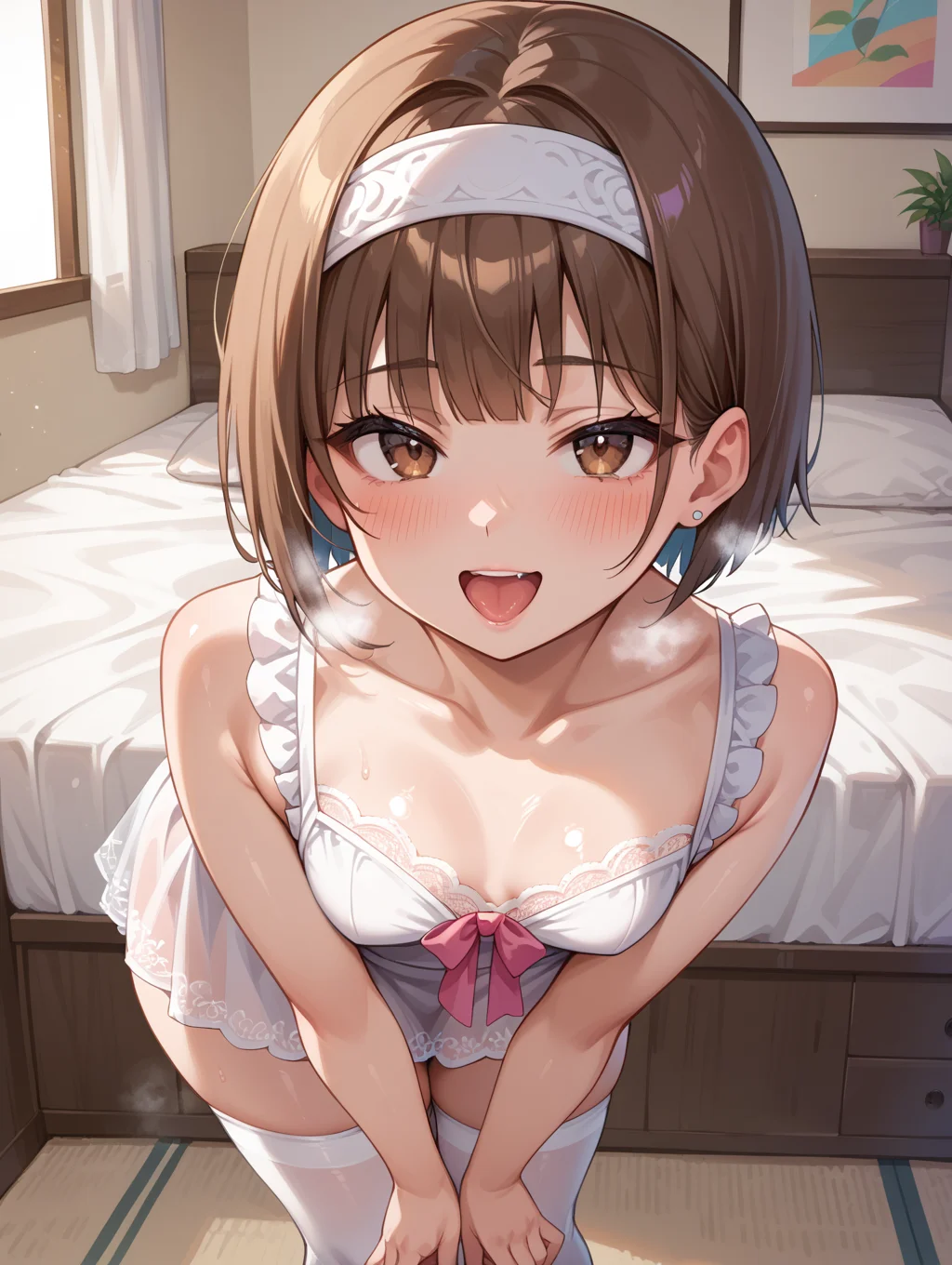 score_9, score_8_up, score_7_up,source_anime, 
1girl, brown eyes, himecut, brown hair, looking at viewer, leaning forward, blush, naughty face, small breasts, snatched waist, thick thighs, shiny skin, breath, open mouth, from above, pink light dress, white lace skirt, bottomless, white stockings, headband, indoor, bedroom,
